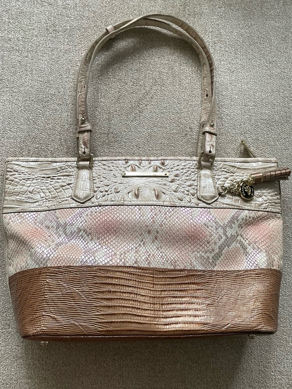 Brahmin Mini Asher Pink Madera Tri Texture Leather Satchel Tote